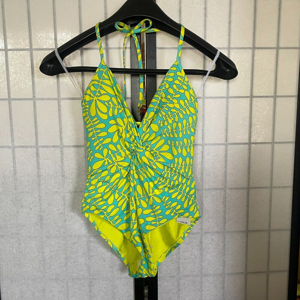 TRINA TURK Trellis Twist Plunge Maillot Swimsuit 6 NWT Blue Yellow